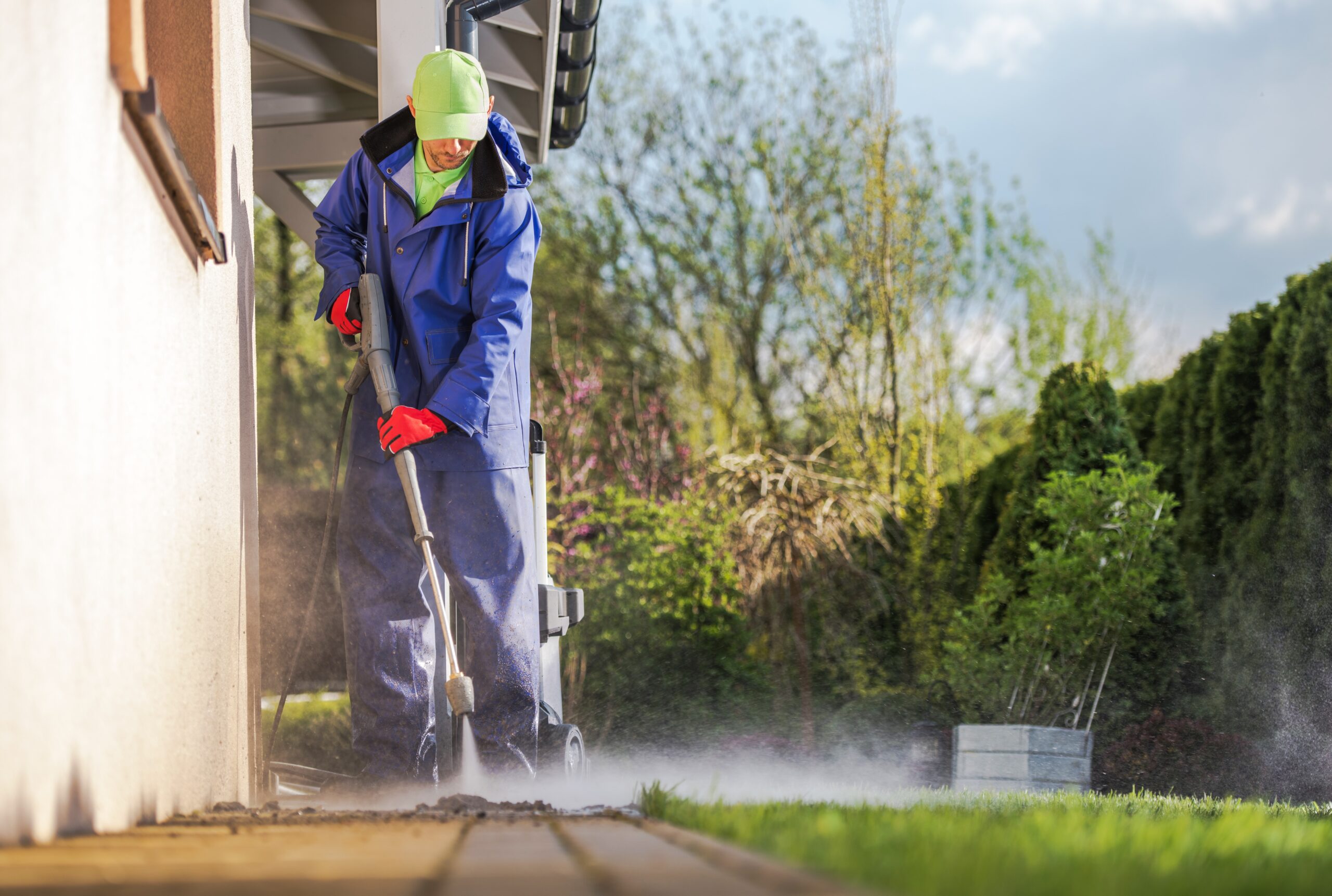 Cleaning House Backyard Brick Paths Using Pressure Washer. Caucasian Men and the Spring Maintenance.