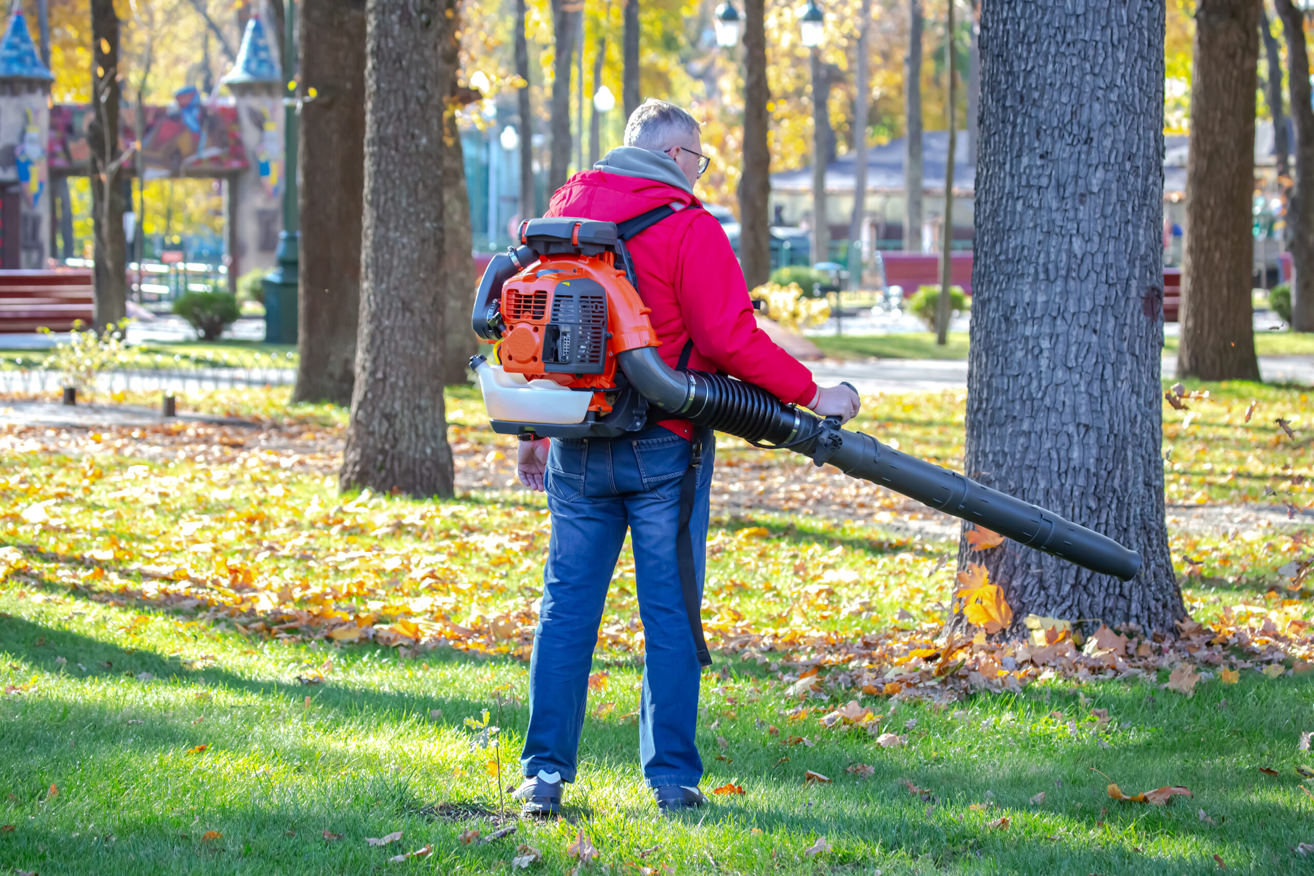 Leaf blower Male worker removes leaves lawn of garden autumn. Removing fallen leaves in autumn. Park cleaning service