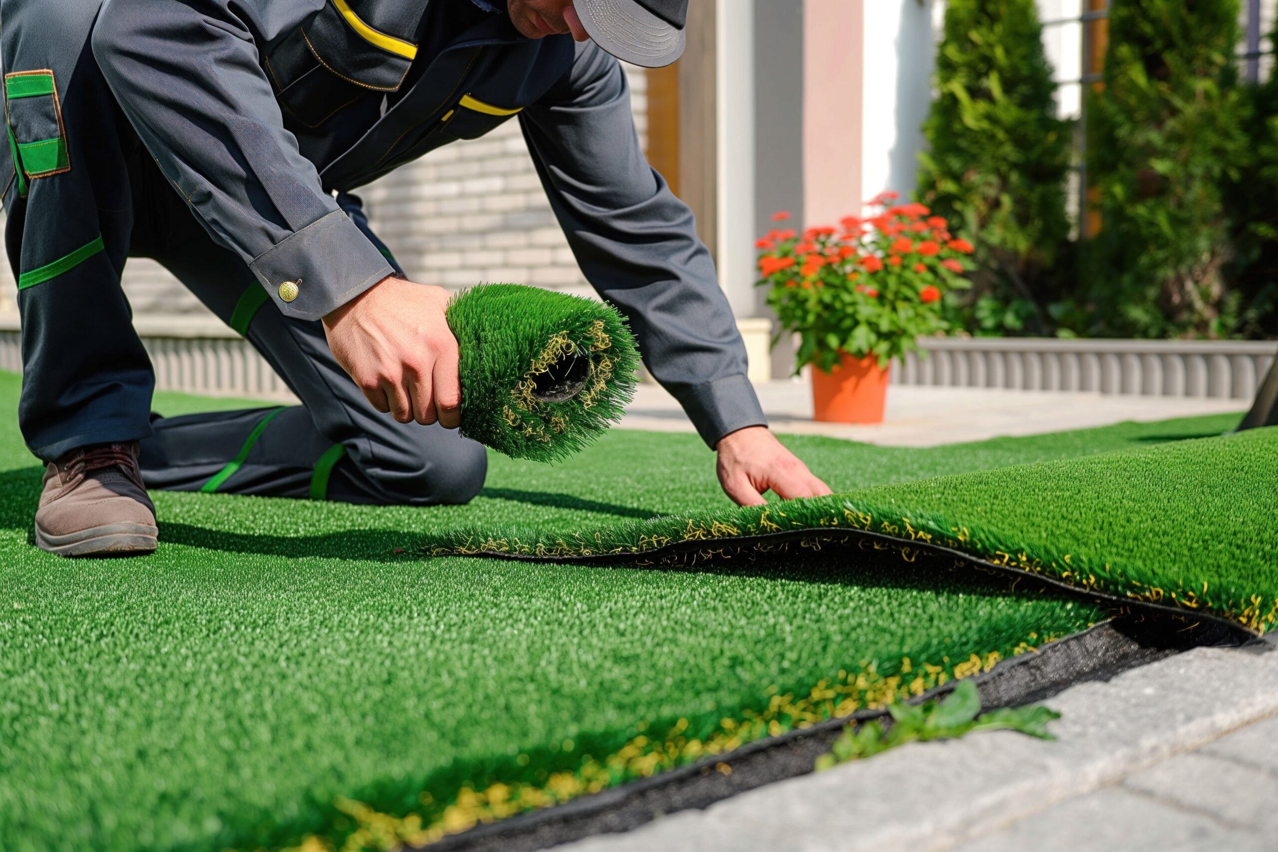 Man in uniform installs artificial turf outdoors. Close-up of hands working on green turf. Adult male in uniform measures, cuts, installs synthetic grass. Gardening, landscaping, lawn care outdoor