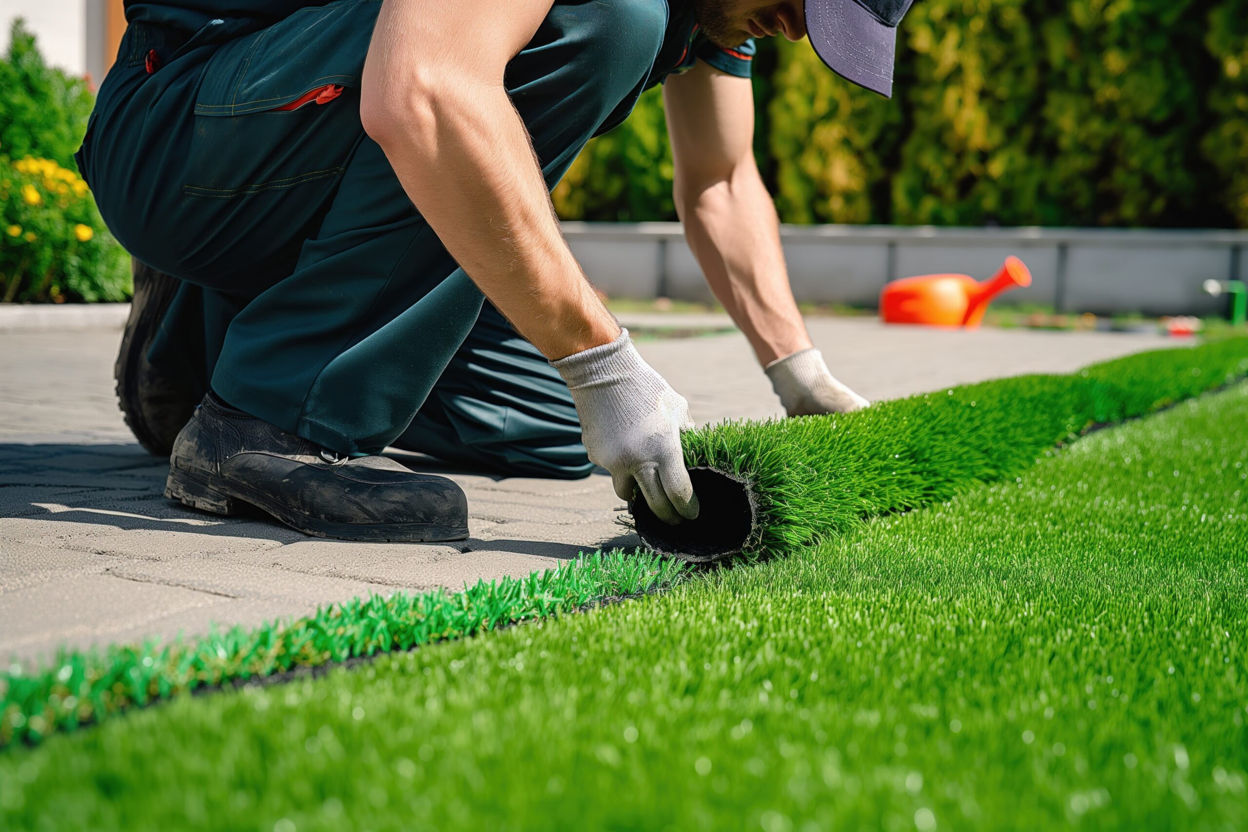 Man in uniform installs artificial turf outdoors. Close-up of handyman measuring, cutting, and laying synthetic grass. Green surface with soft, clean and ecological material.